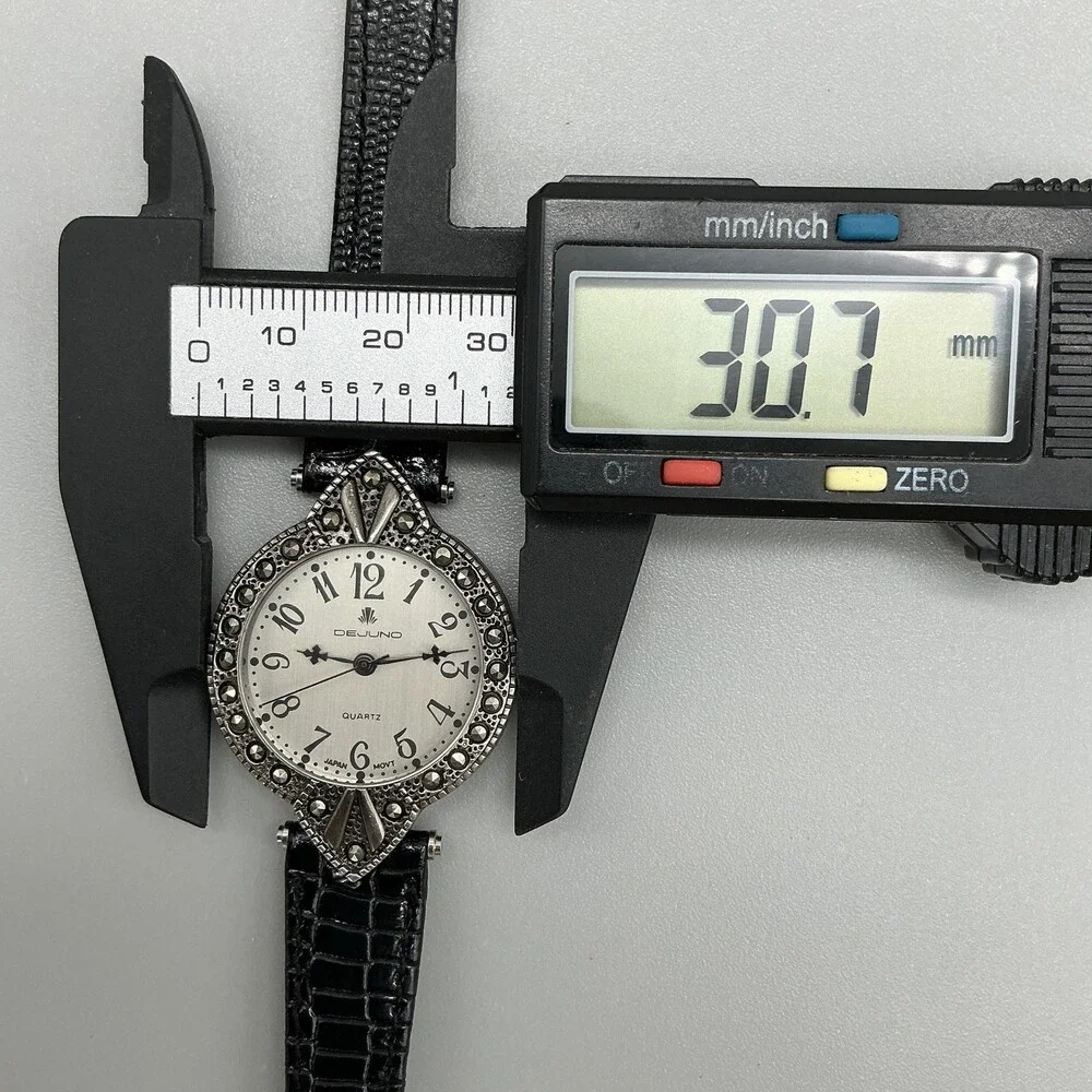 Dejuno Womens Watch 31mm Silver Tone Black Leather Dress Classic New Battery